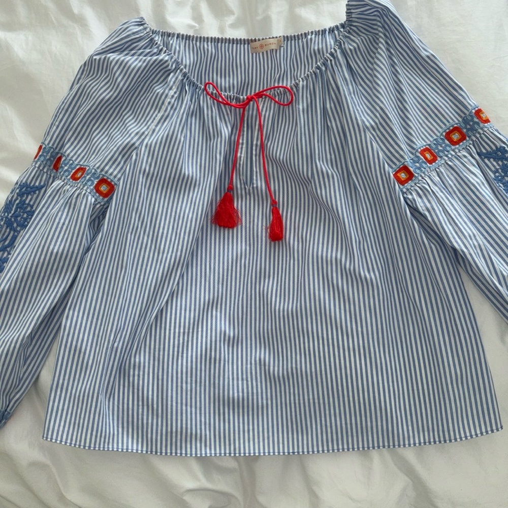 Tory Burch blue and white blouse with fun orange accents!